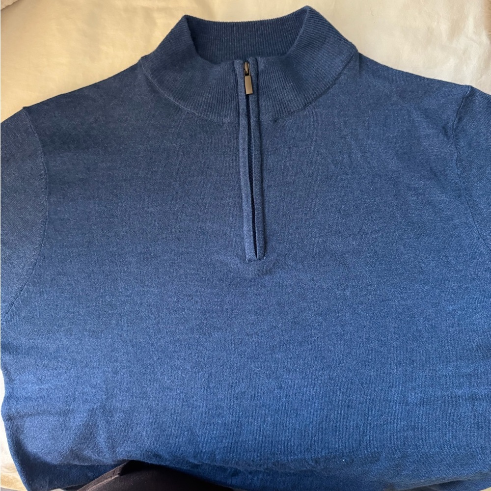 Blue Zip Up Sweater with Mock Turtleneck and Soft Knit Fabric
